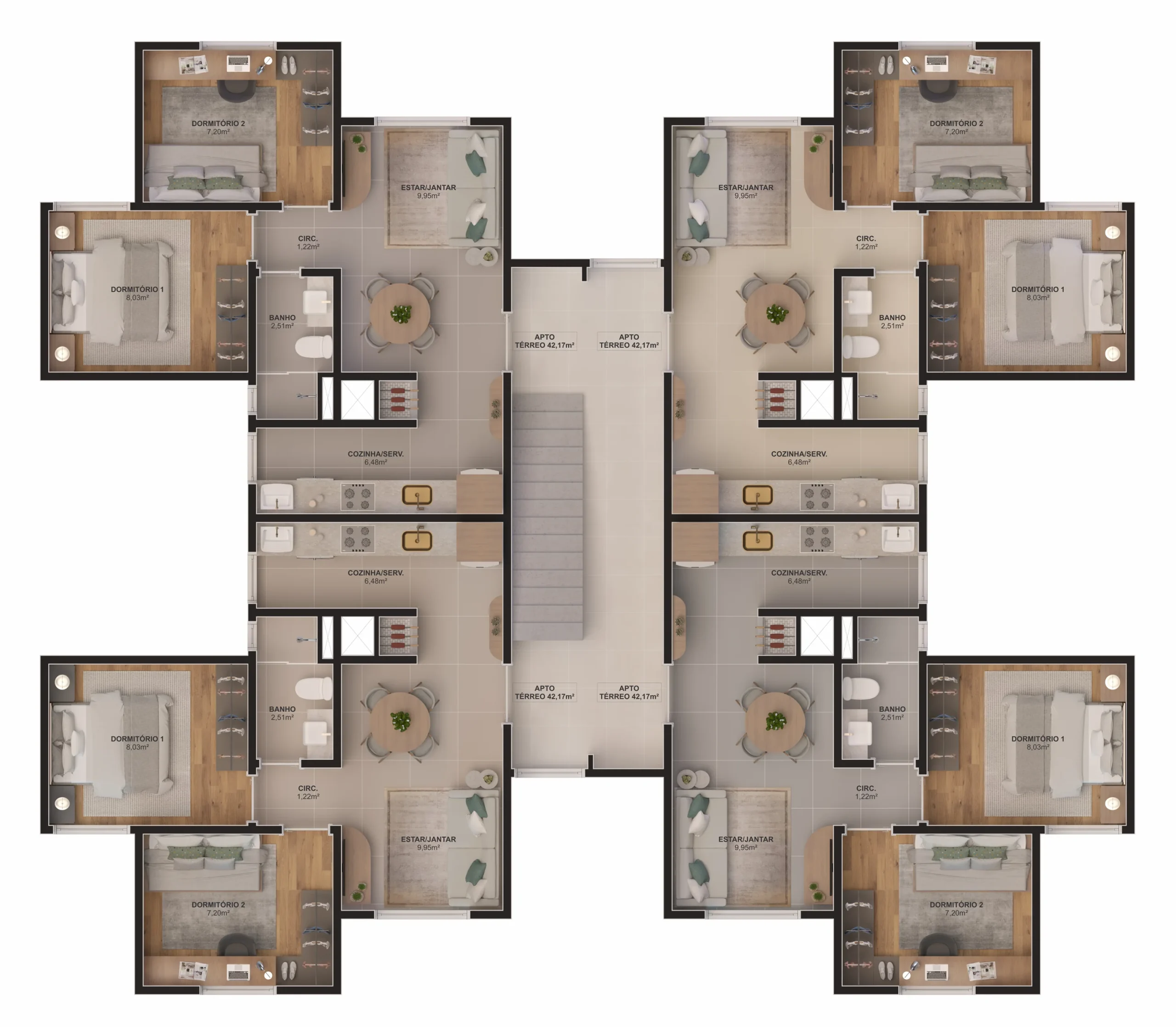 Planta integral do pavimento tipo do Bem-Viver Viamão, com apartamentos de 2 dormitórios