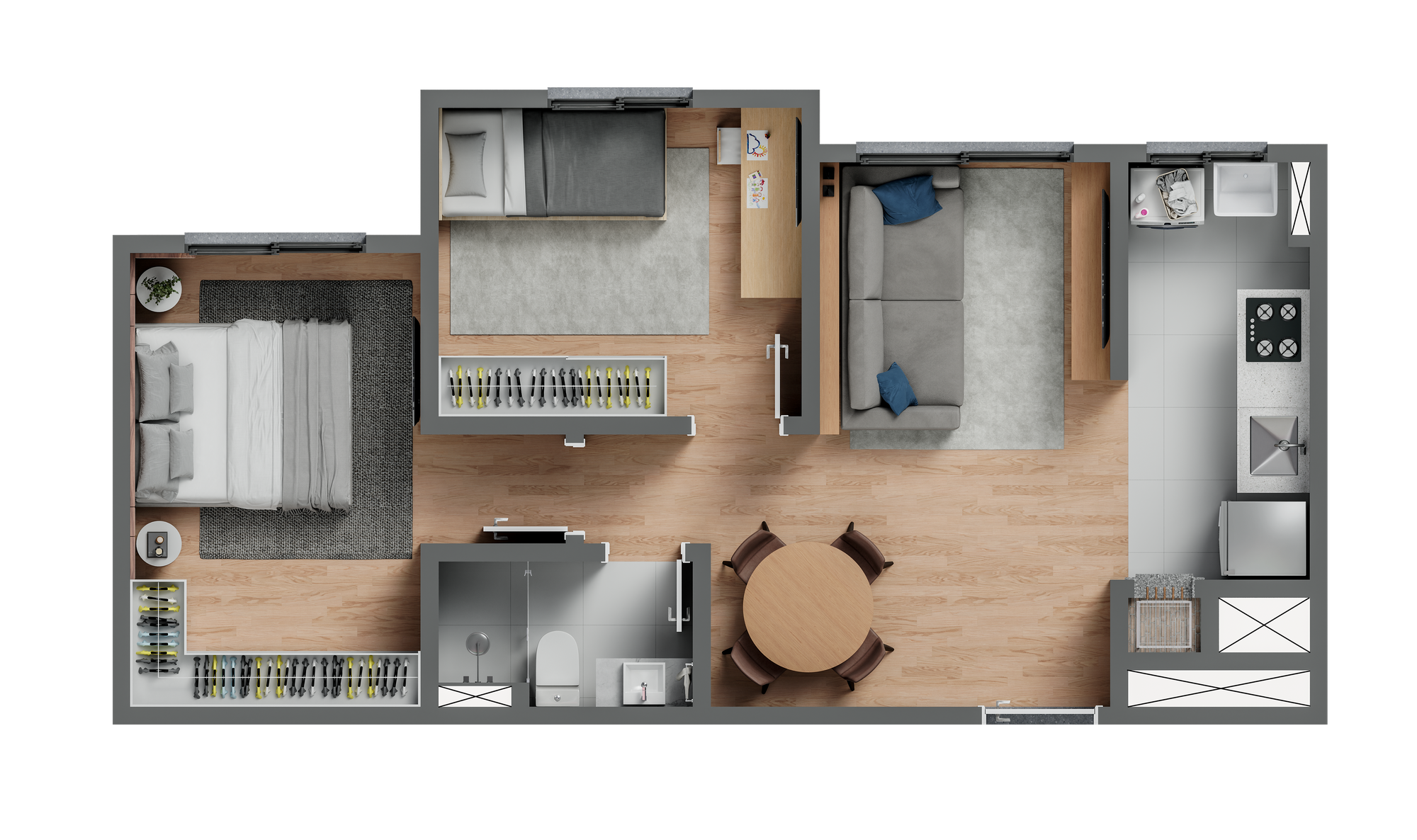 Planta integral do apartamento de meio, 2 dormitórios e 46,74 m²