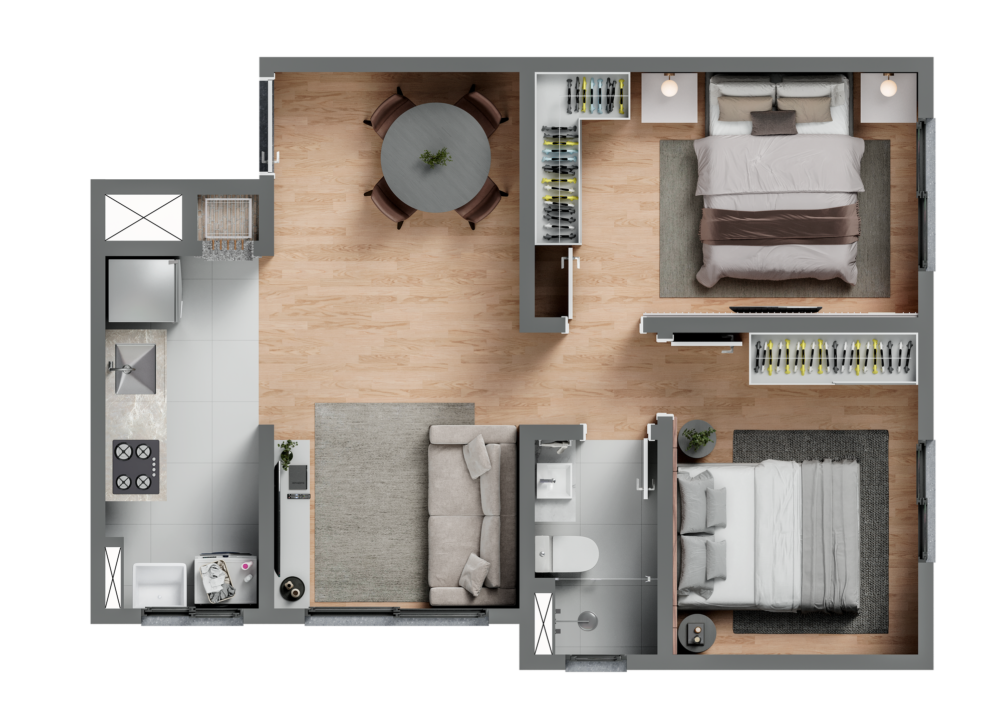 Planta integral do apartamento de ponta, 2 dormitórios e 44,81 m²