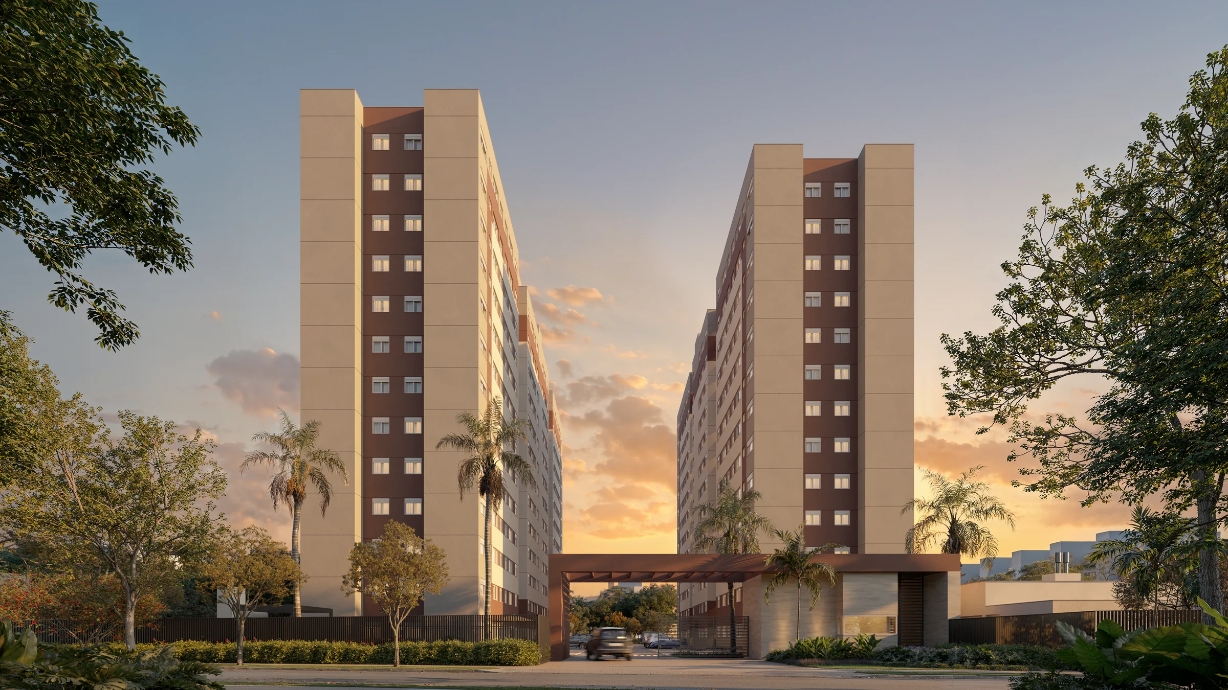 Fachada ao entardecer — Hi! Canoas, perspectiva ilustrativa