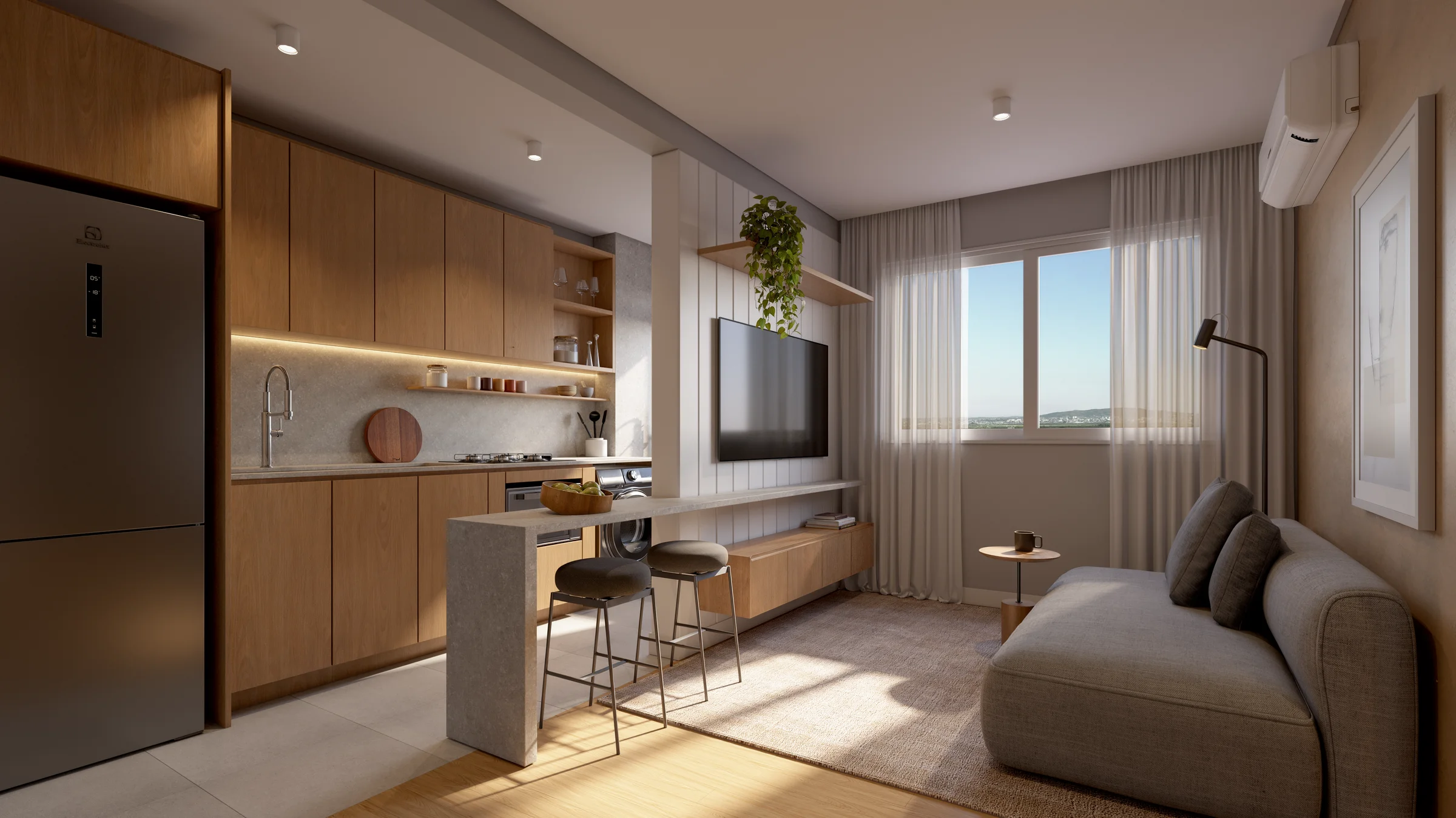 Living do apartamento — Hi! Canoas, perspectiva ilustrativa